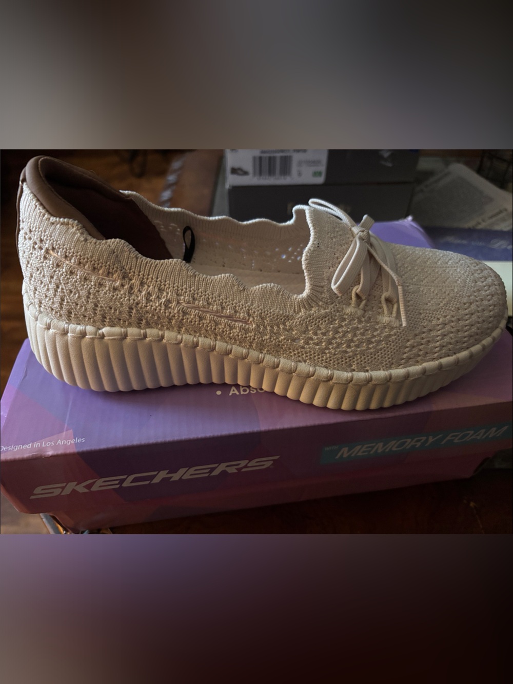 Skechers Women's Cream Knit Slip-On Lace Sneaker
